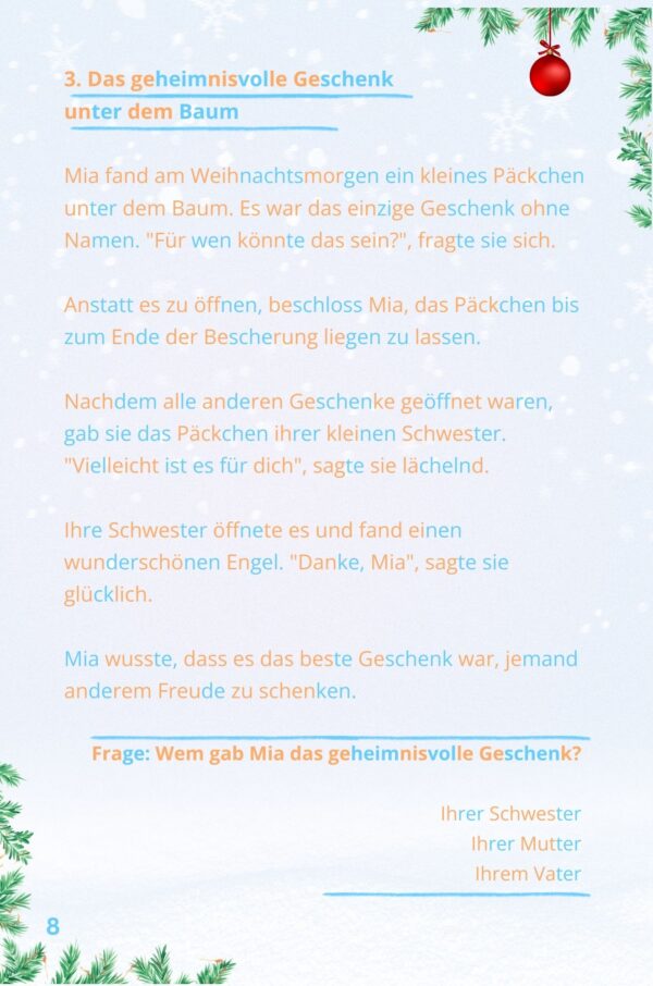 Beispielseite aus 'Weihnachten der kleinen Wunder' mit einer weihnachtlichen Silbengeschichte für Leseanfänger.