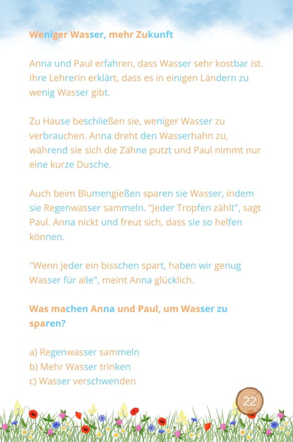 Beispielseite aus 'Erste Leseabenteuer für kleine Umweltschützer' mit einer Geschichte über Müllsammeln im Park.